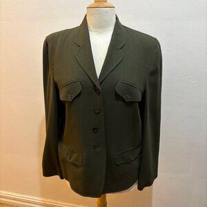 vintage 90s Whistles olive wool crepe 4 button jacket with multiple flap pockets